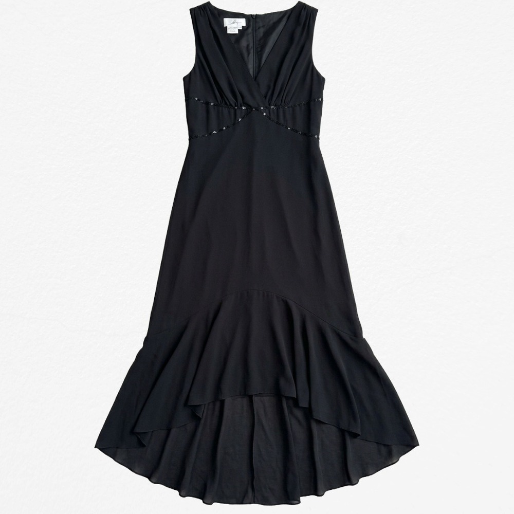 Morgan & Co Black Beaded High Low Ruffle Hem Formal Dress Y2K Vintage Womens 14
